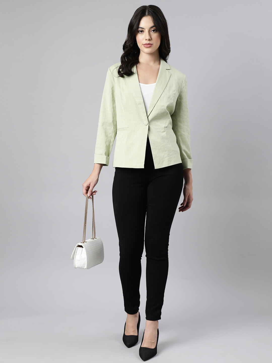 Women Sea Green Single-Breasted Blazer