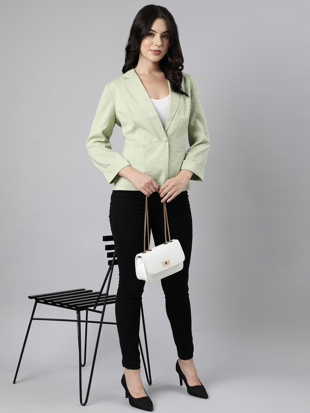 Women Sea Green Single-Breasted Blazer