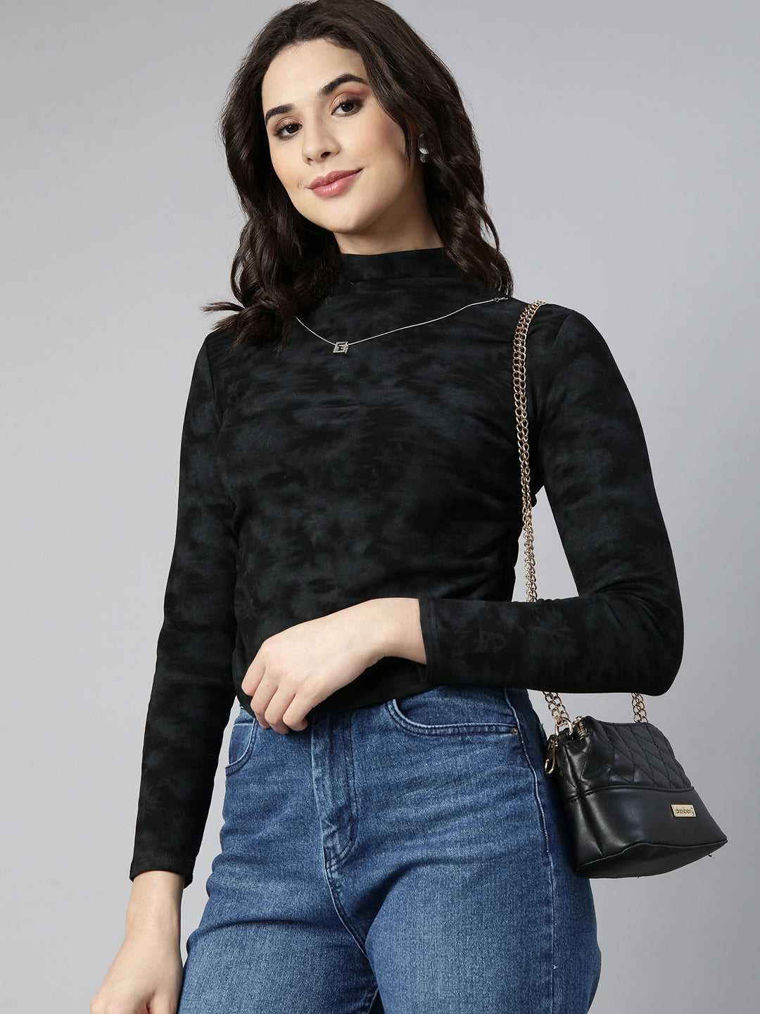 Women Solid Black Ruched Top Comes with Neck Chain