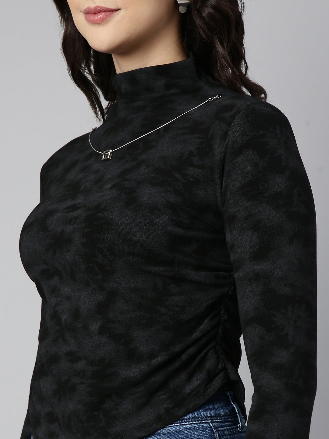 Women Solid Black Ruched Top Comes with Neck Chain