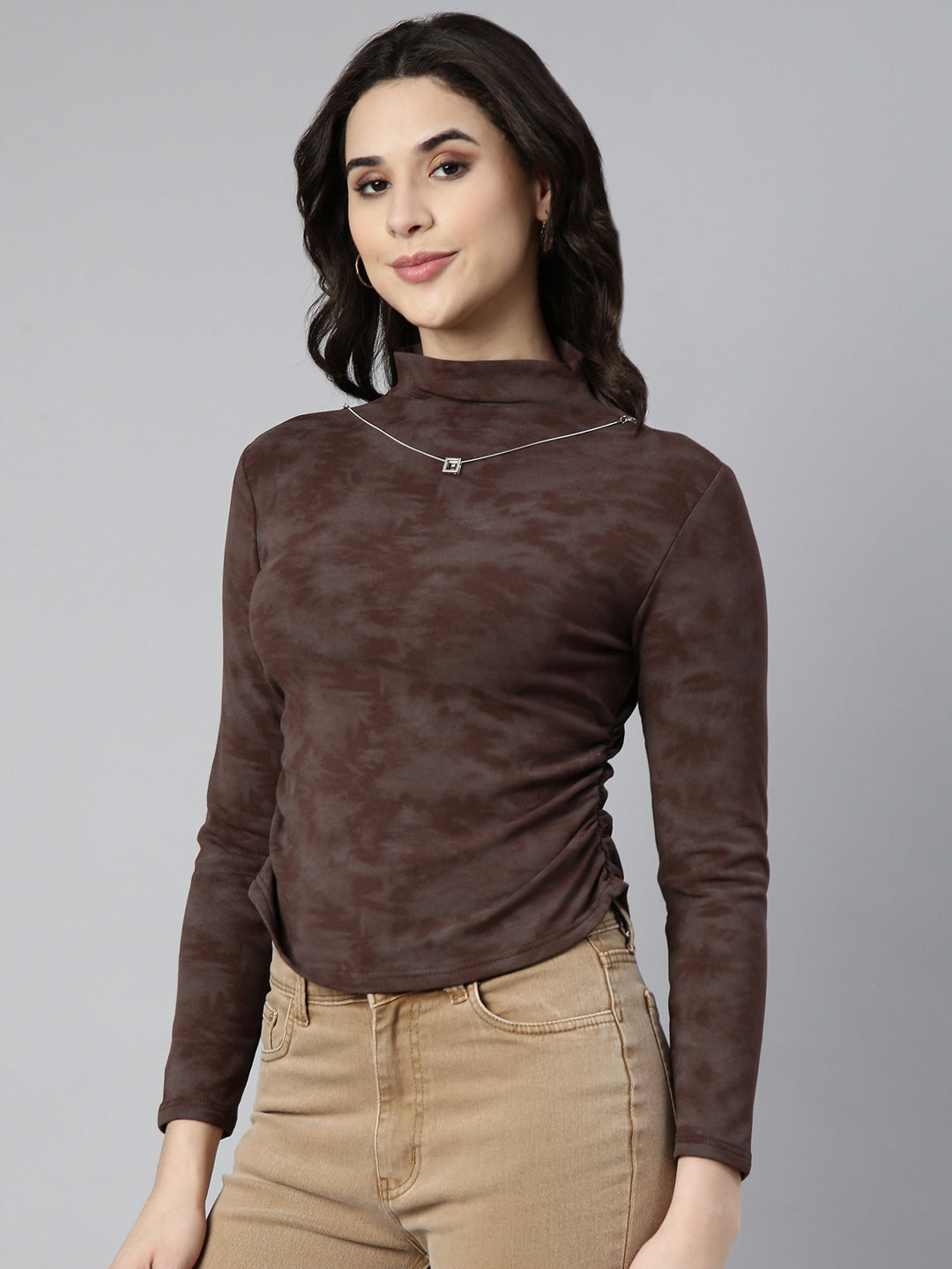 Women Solid Brown Ruched Top Comes with Neck Chain