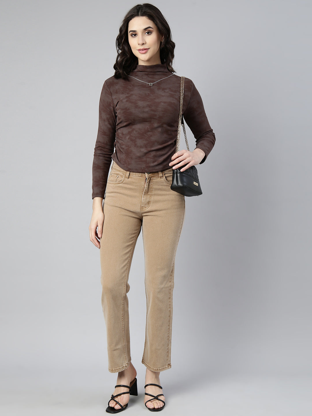 Women Solid Brown Ruched Top Comes with Neck Chain