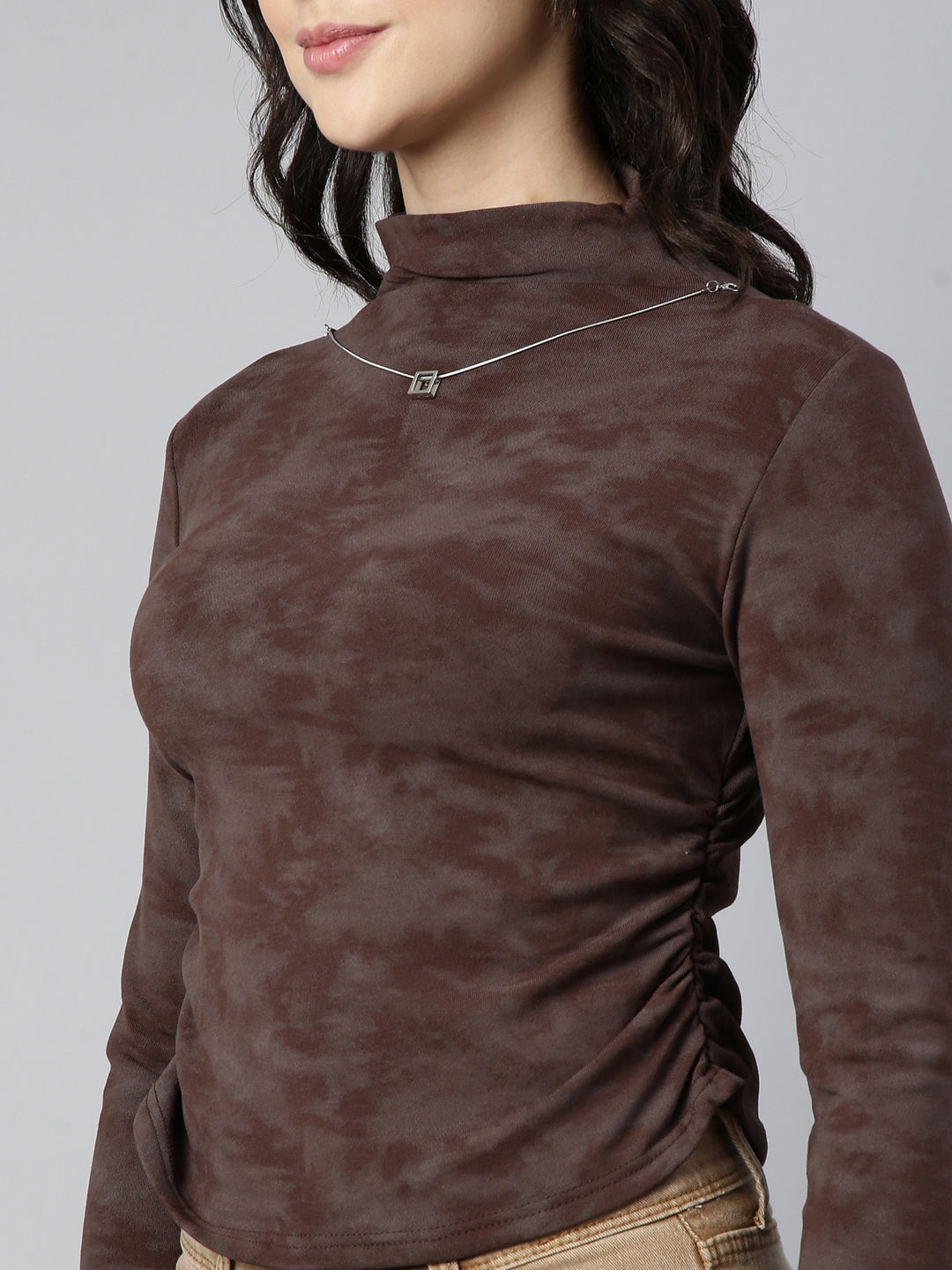 Women Solid Brown Ruched Top Comes with Neck Chain