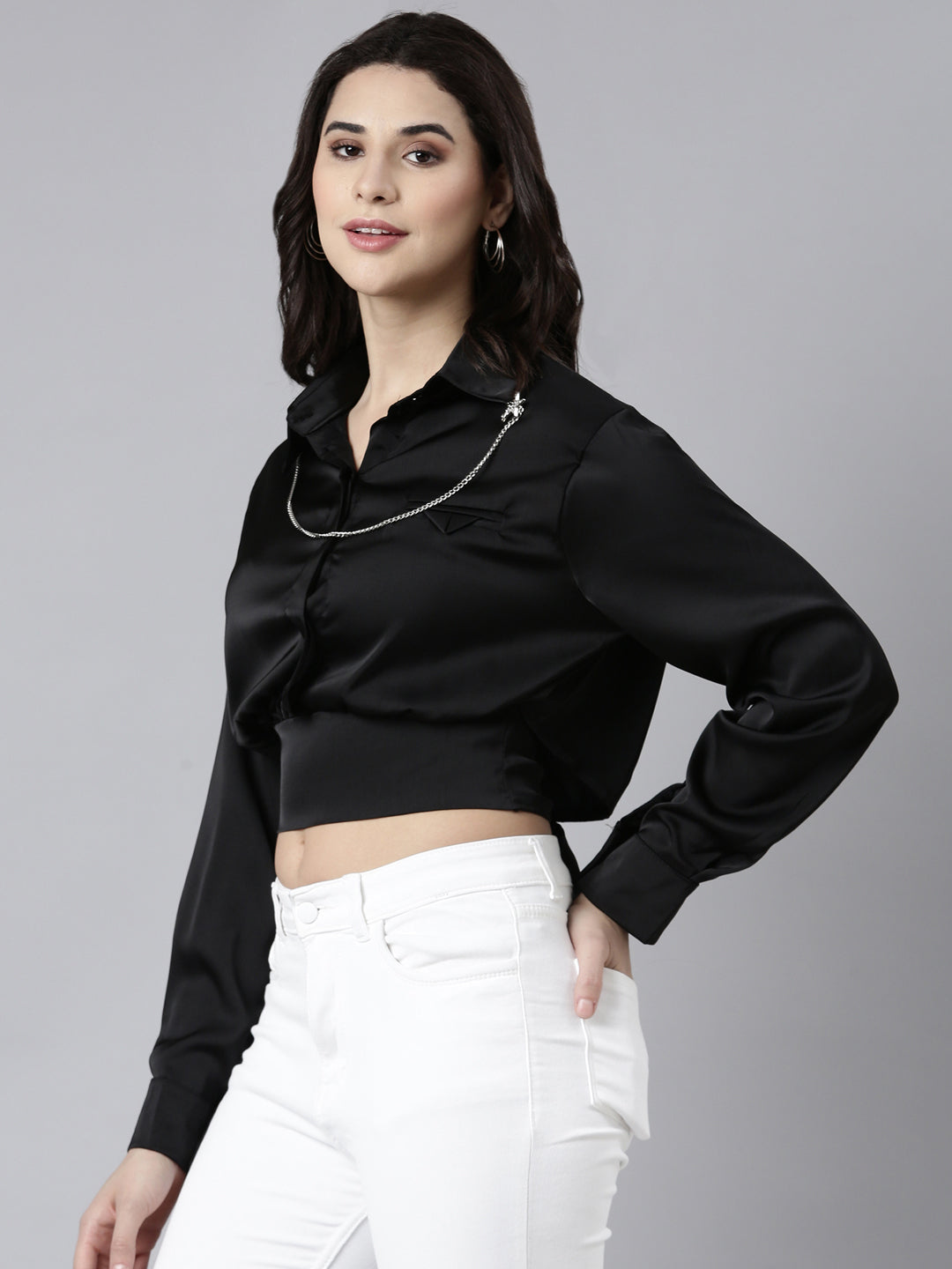 Women Solid Black Blouson Top Comes with Neck Chain