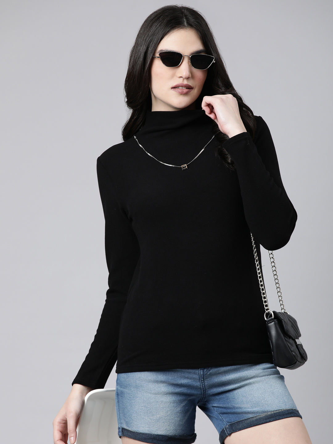 Women Solid Black Top Comes with Neck Chain