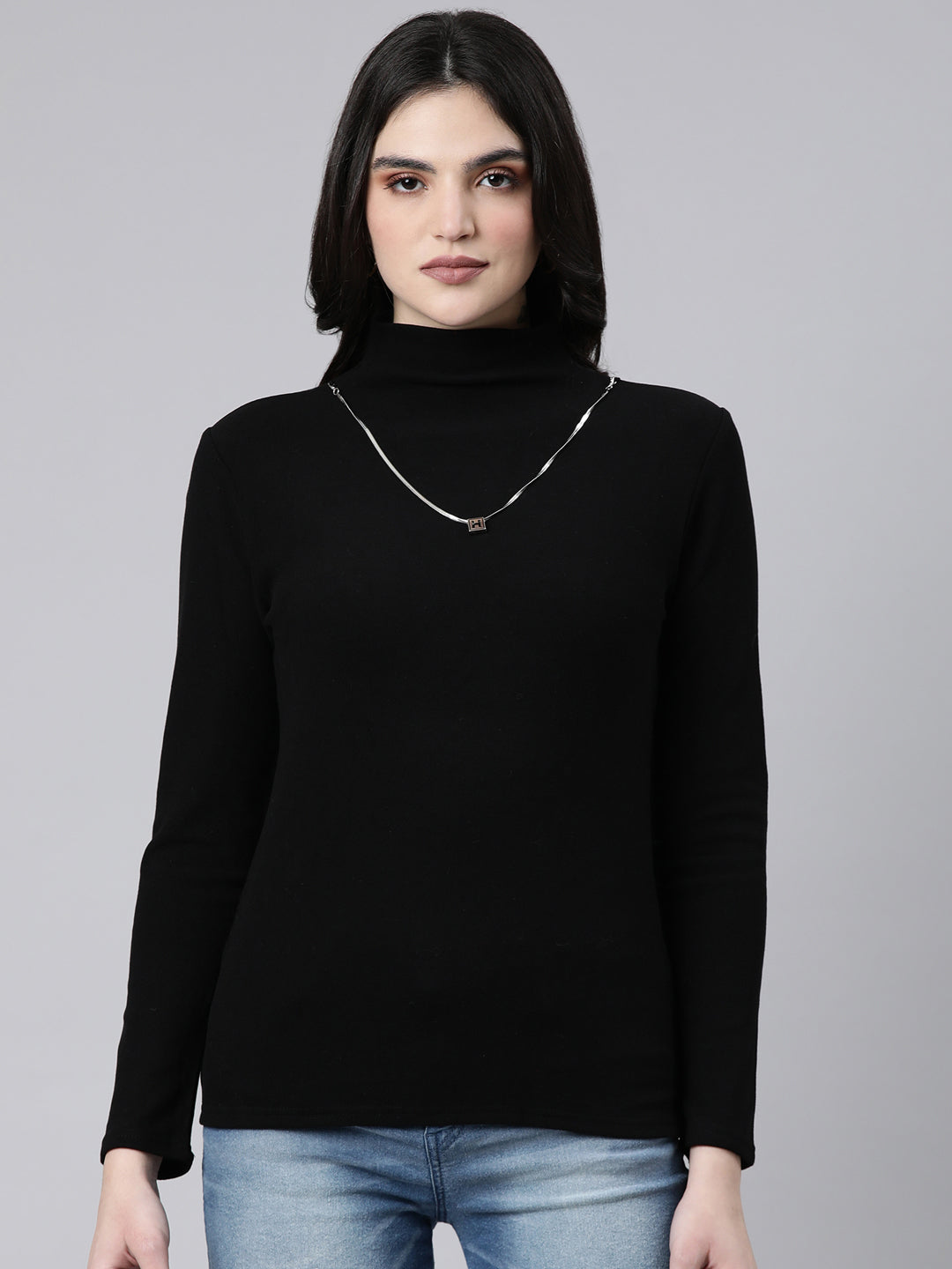 Women Solid Black Top Comes with Neck Chain