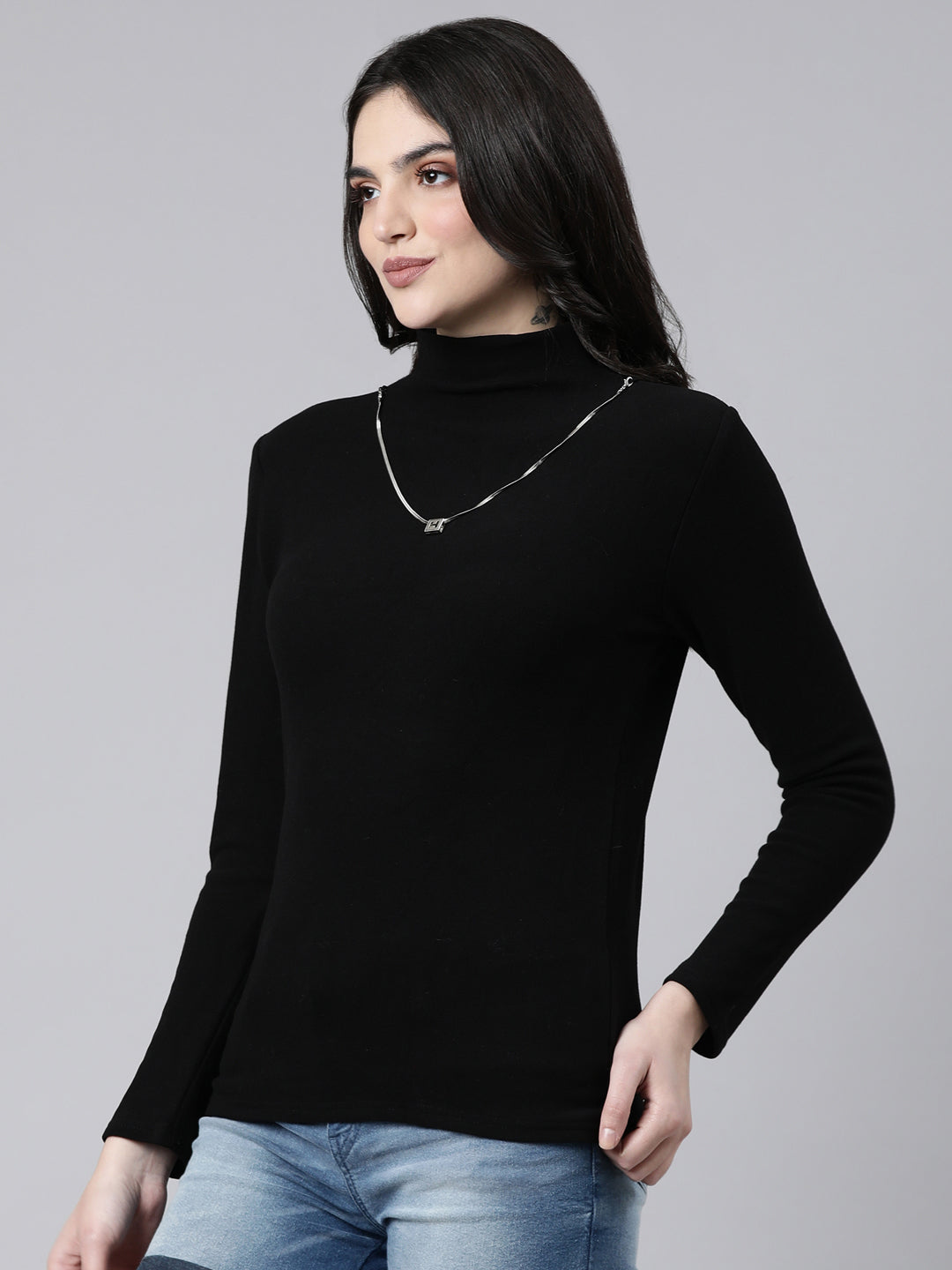 Women Solid Black Top Comes with Neck Chain