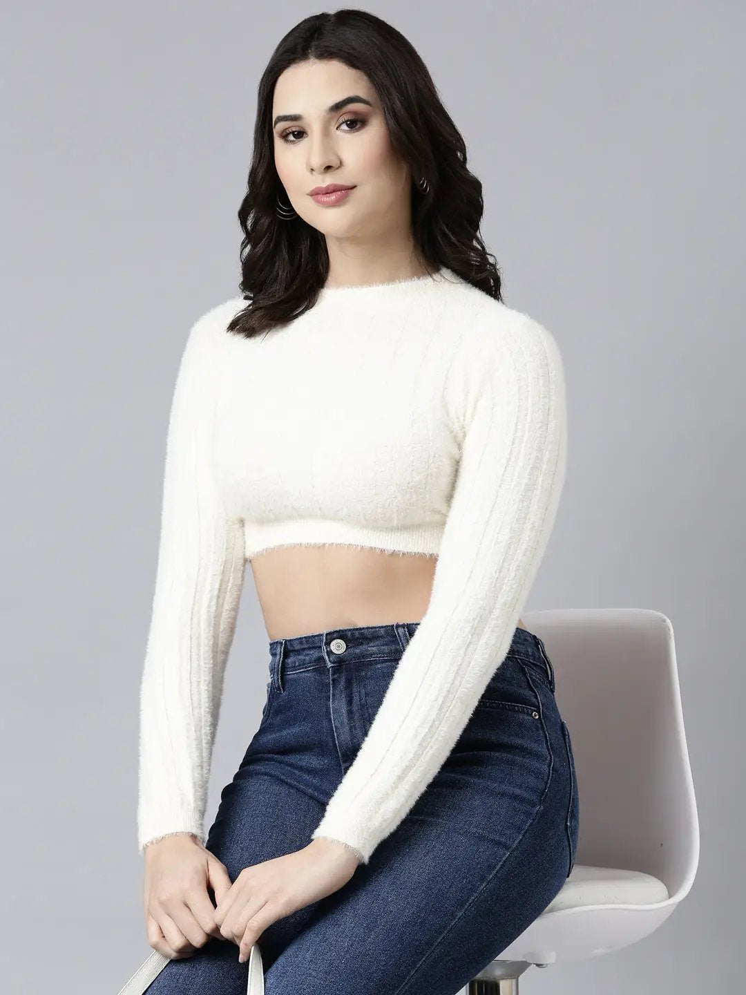 Women's Solid Cream Crop Top