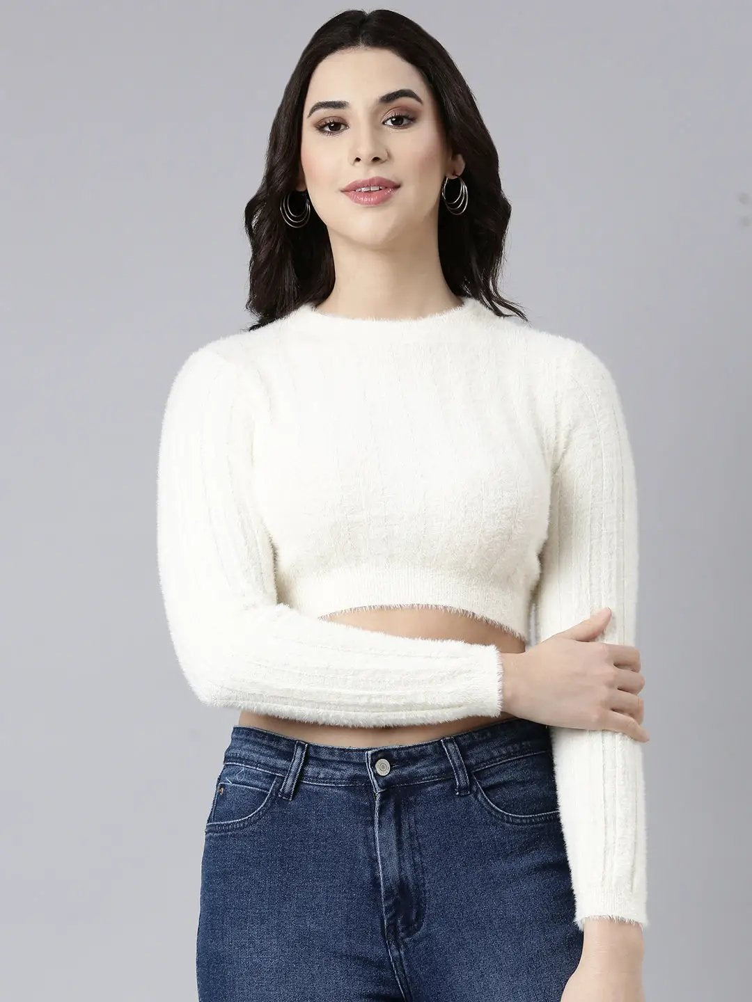 Women's Solid Cream Crop Top