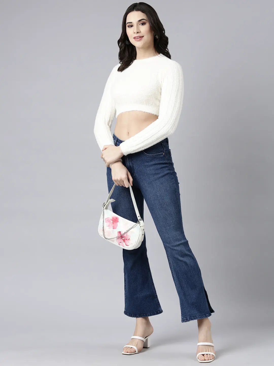 Women's Solid Cream Crop Top