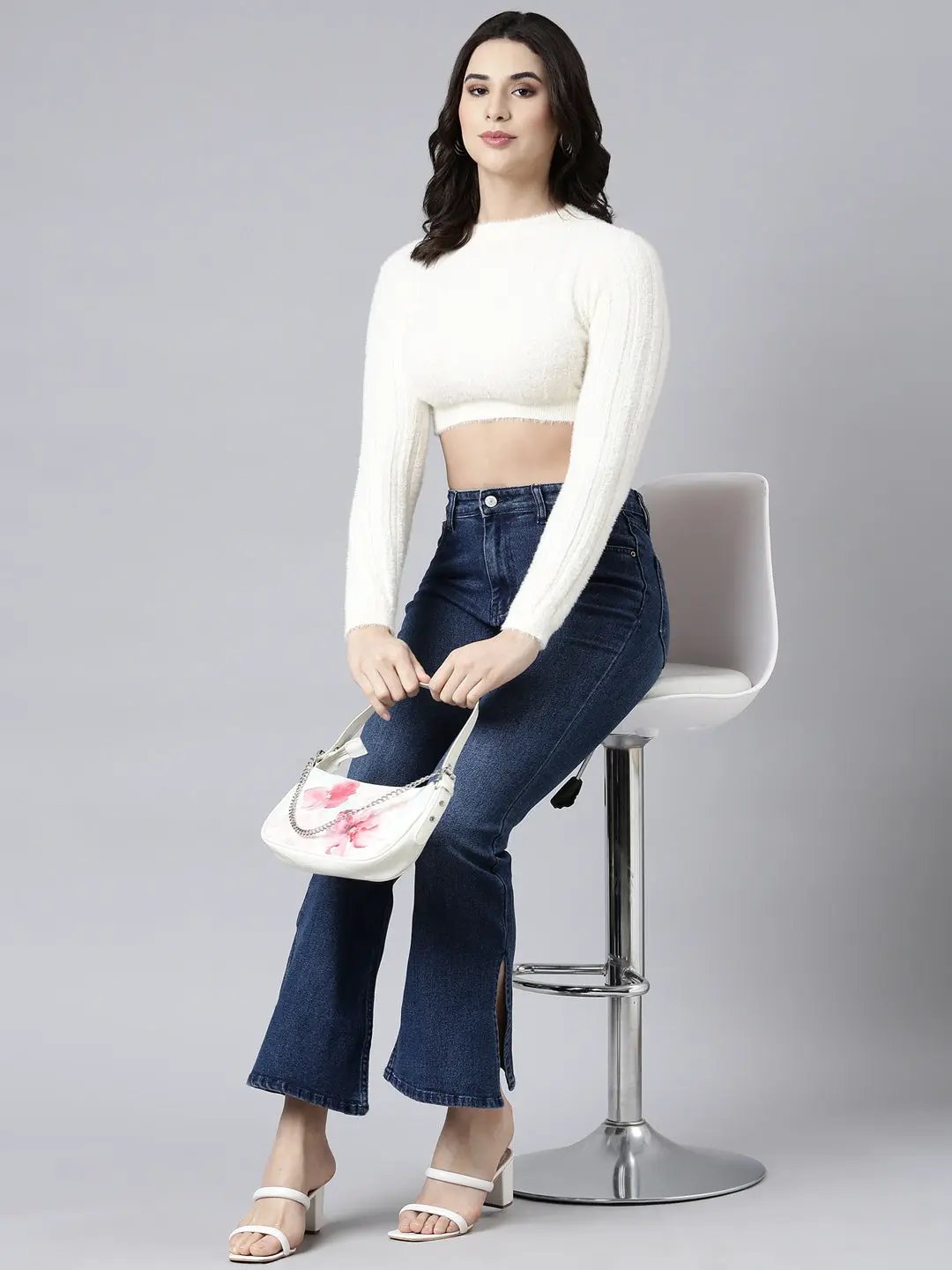 Women's Solid Cream Crop Top