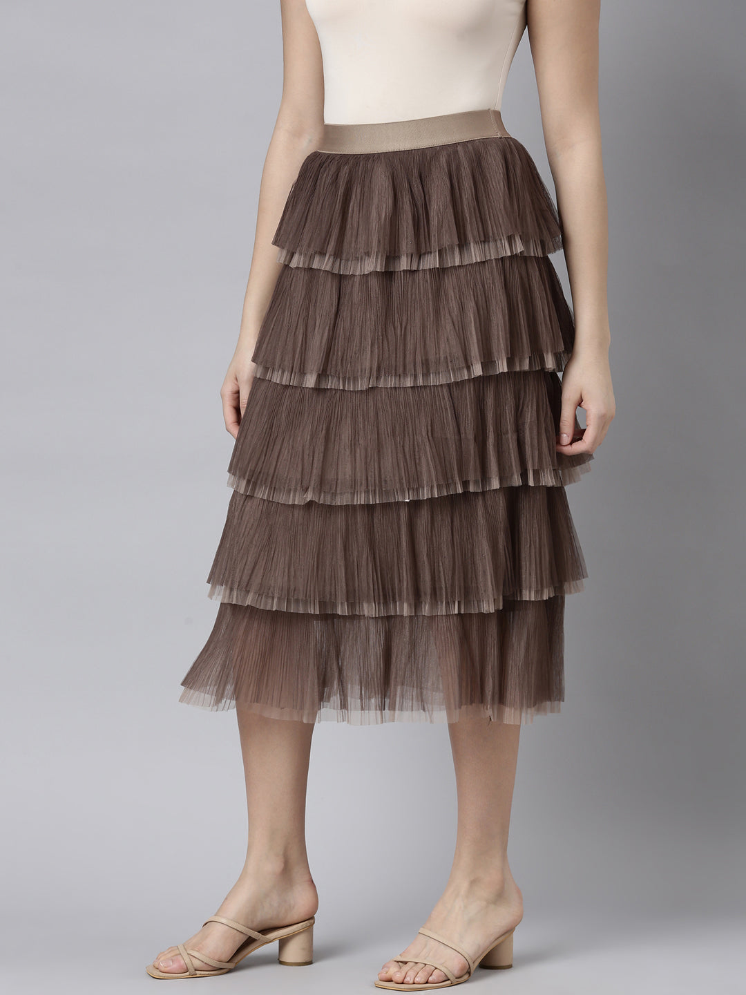 Women Solid Brown Tiered Midi Skirt