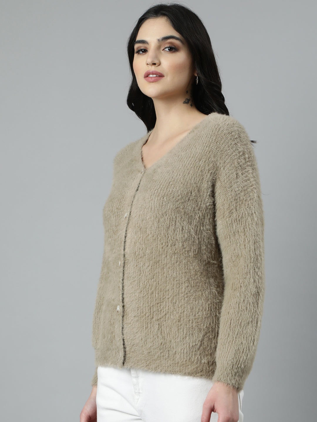 Women Solid Beige Cardigan