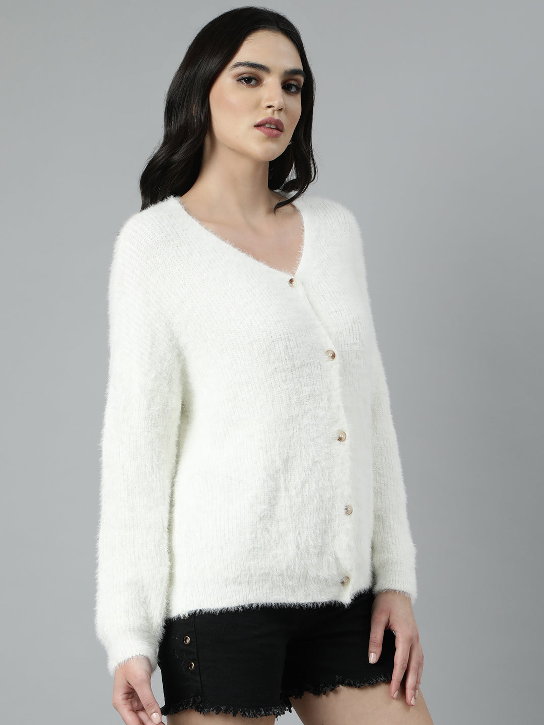 Women Solid Off White Cardigan