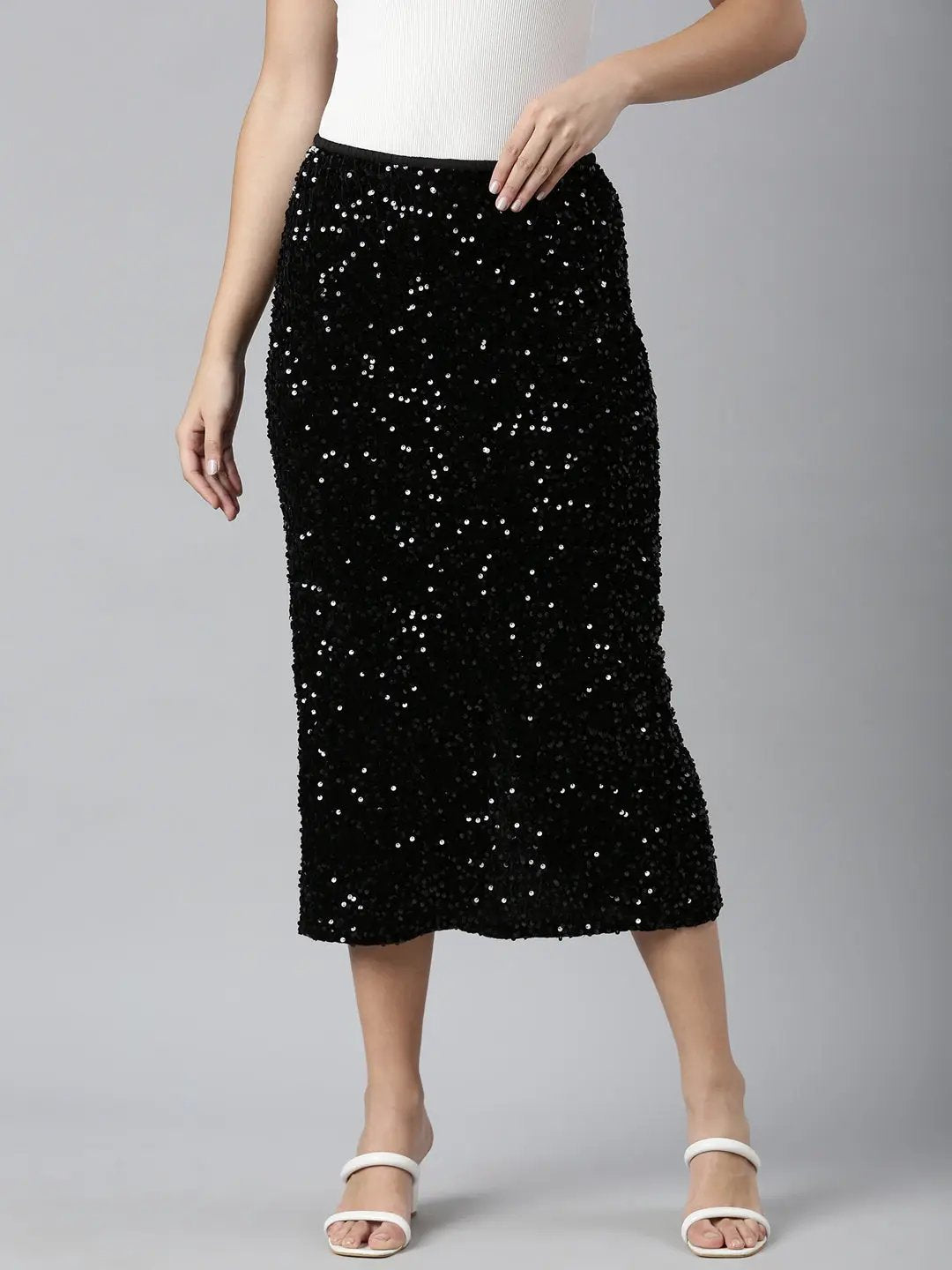 Women's Black Sequin Embellished Straight Midi Skirt