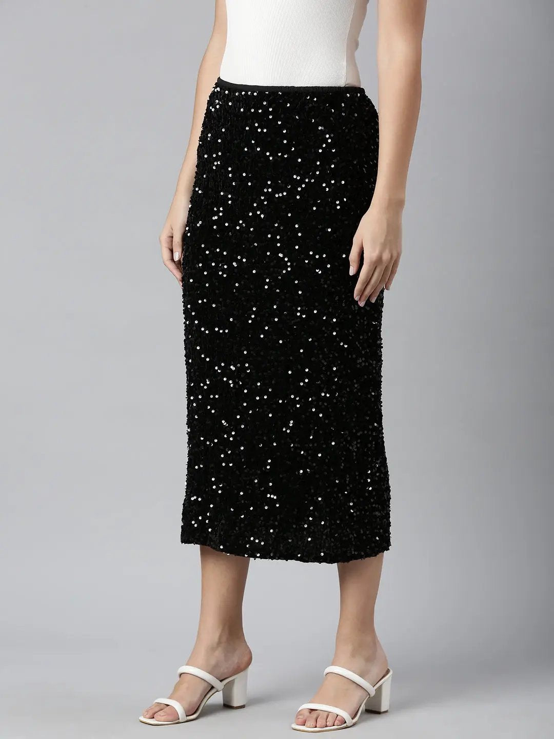 Women's Black Sequin Embellished Straight Midi Skirt