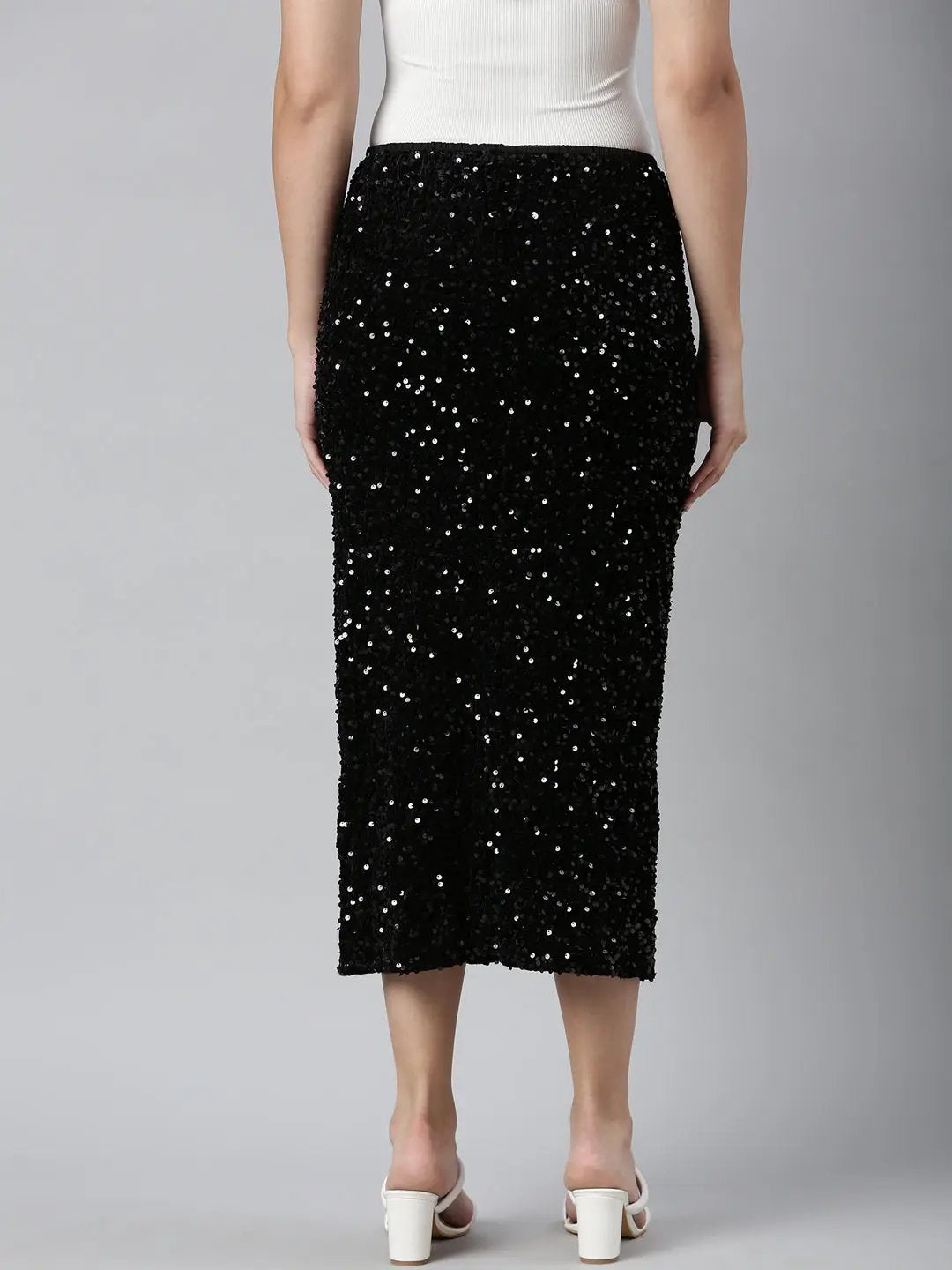 Women's Black Sequin Embellished Straight Midi Skirt