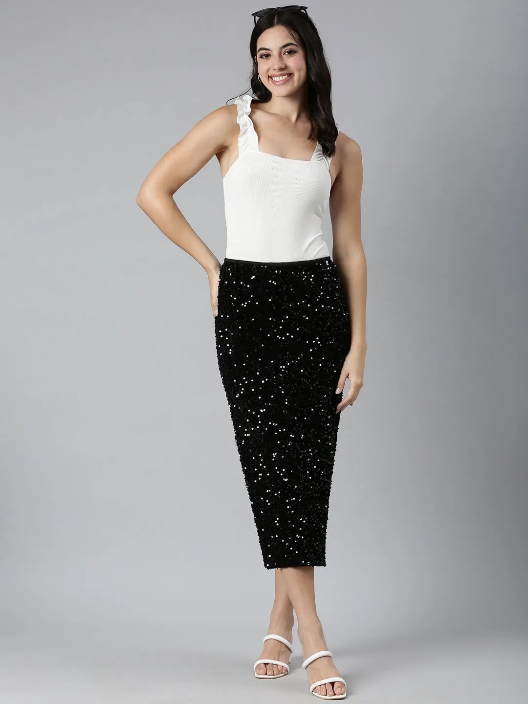 Women's Black Sequin Embellished Straight Midi Skirt