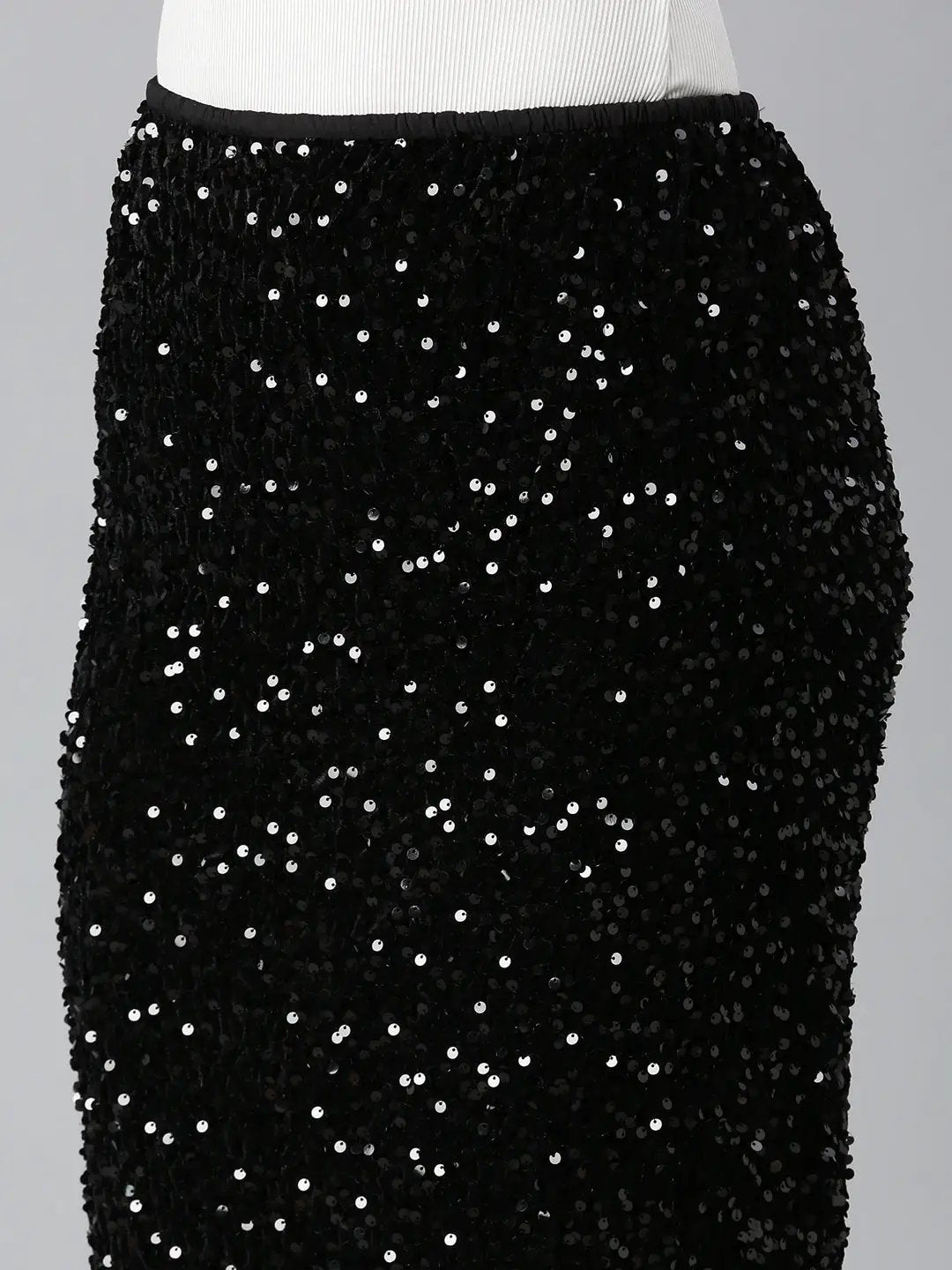 Women's Black Sequin Embellished Straight Midi Skirt