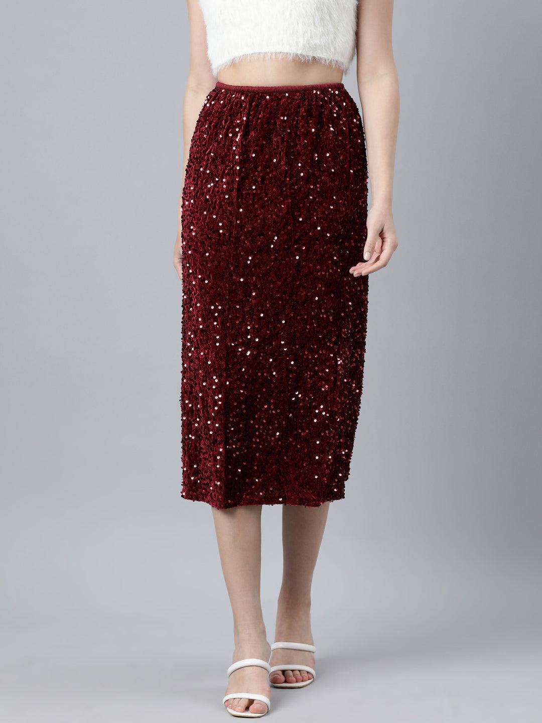 Women Self Design Maroon Straight Midi Skirt