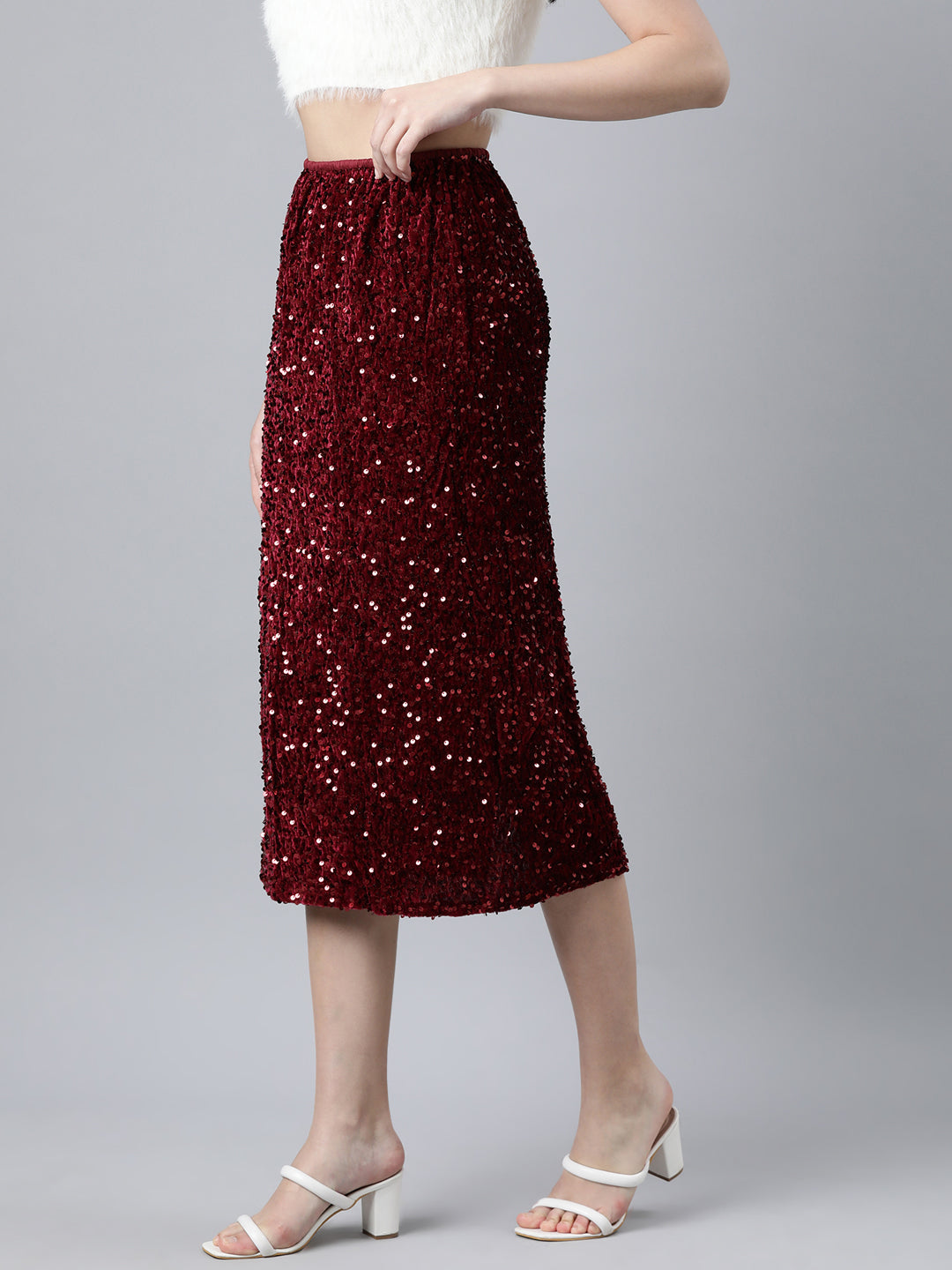 Women Self Design Maroon Straight Midi Skirt