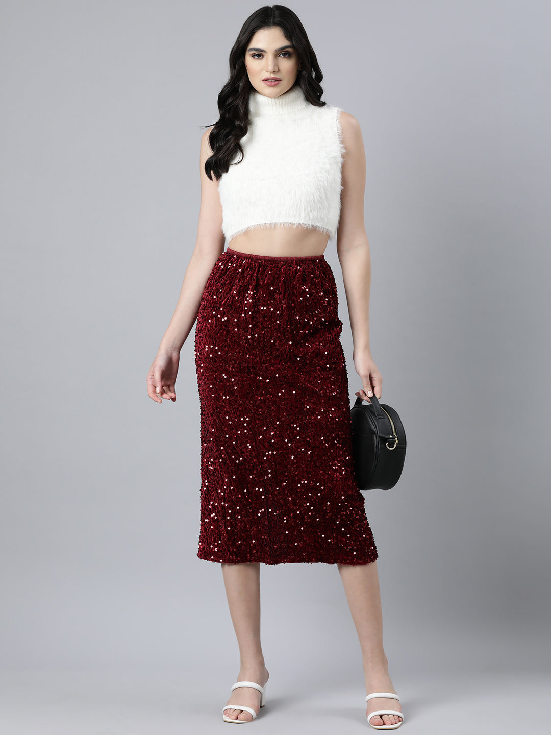 Women Self Design Maroon Straight Midi Skirt