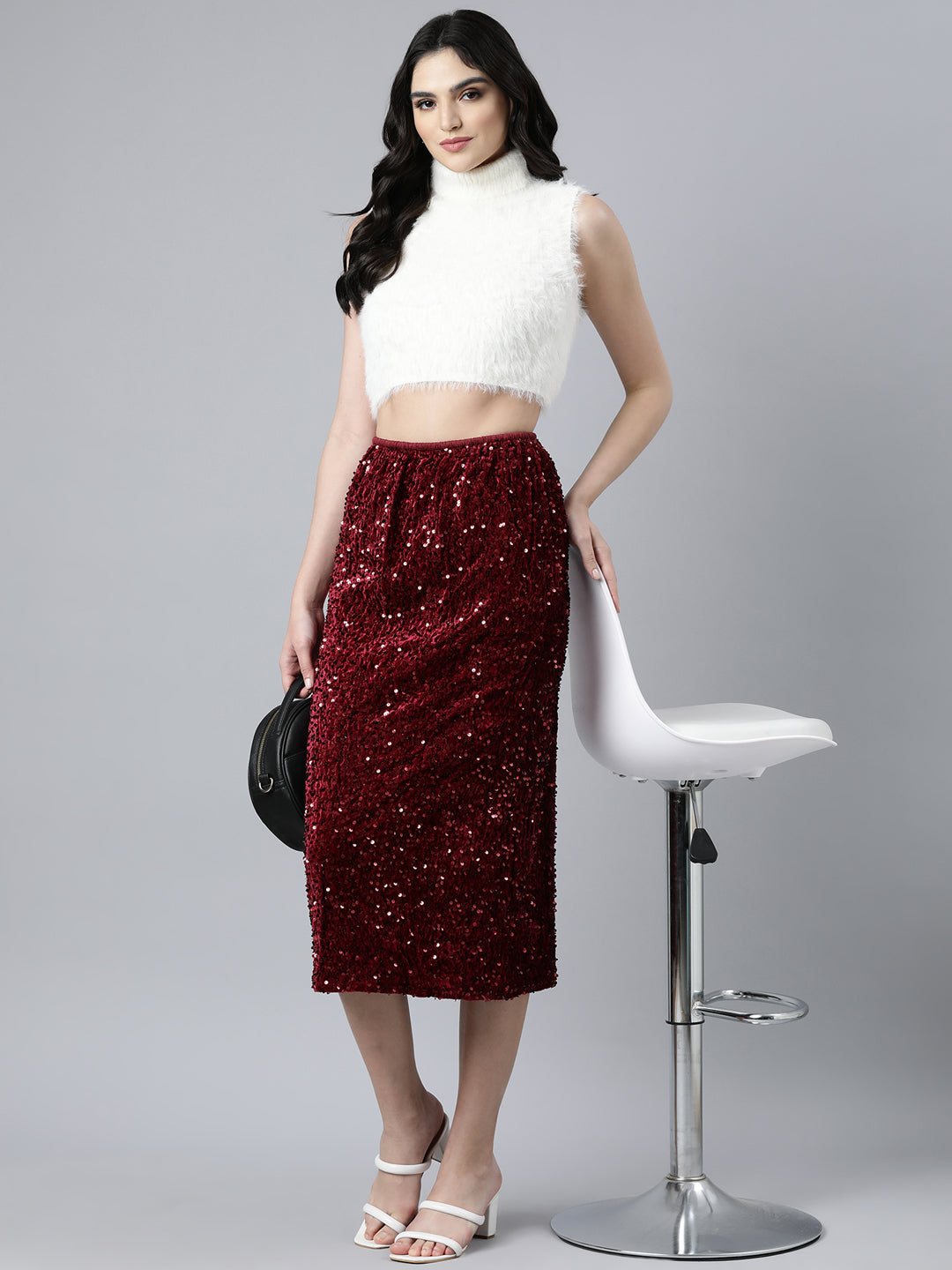 Women Self Design Maroon Straight Midi Skirt