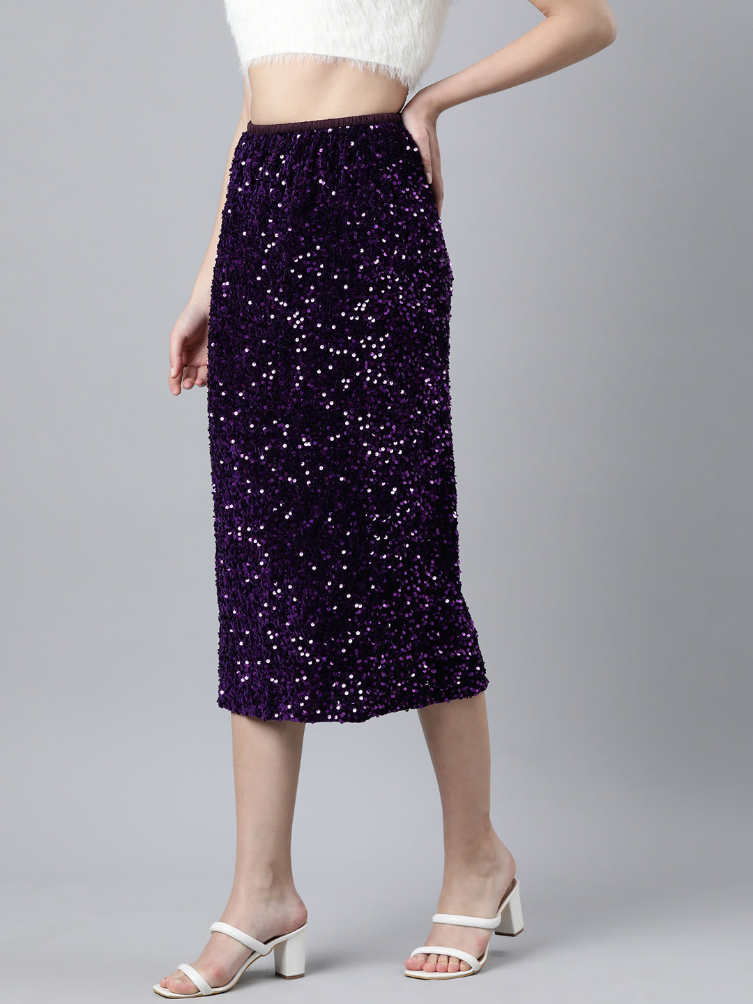 Women Self Design Purple Straight Midi Skirt