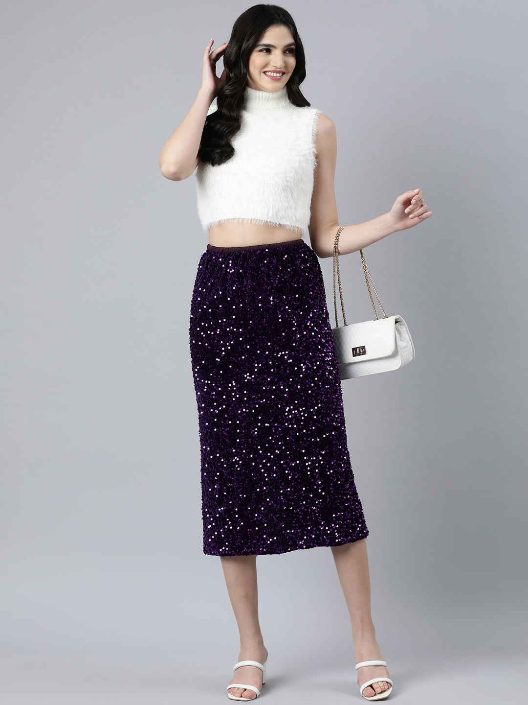 Women Self Design Purple Straight Midi Skirt