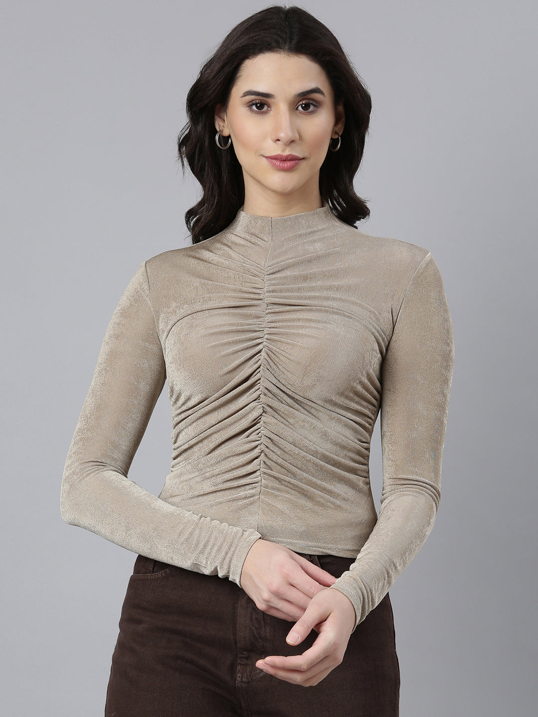 Women Solid Beige Fitted Semi Sheer Ruched Top