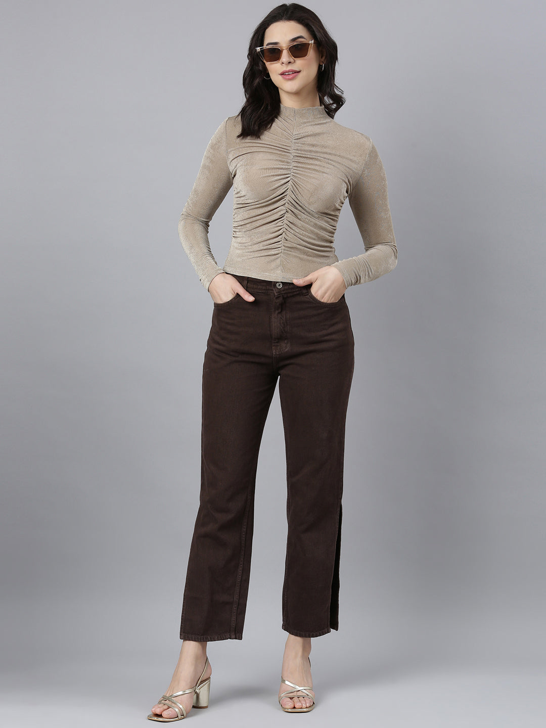 Women Solid Beige Fitted Semi Sheer Ruched Top