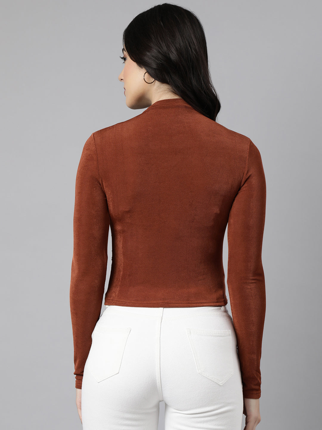 Women's Rust Ruched High Neck Fitted Top