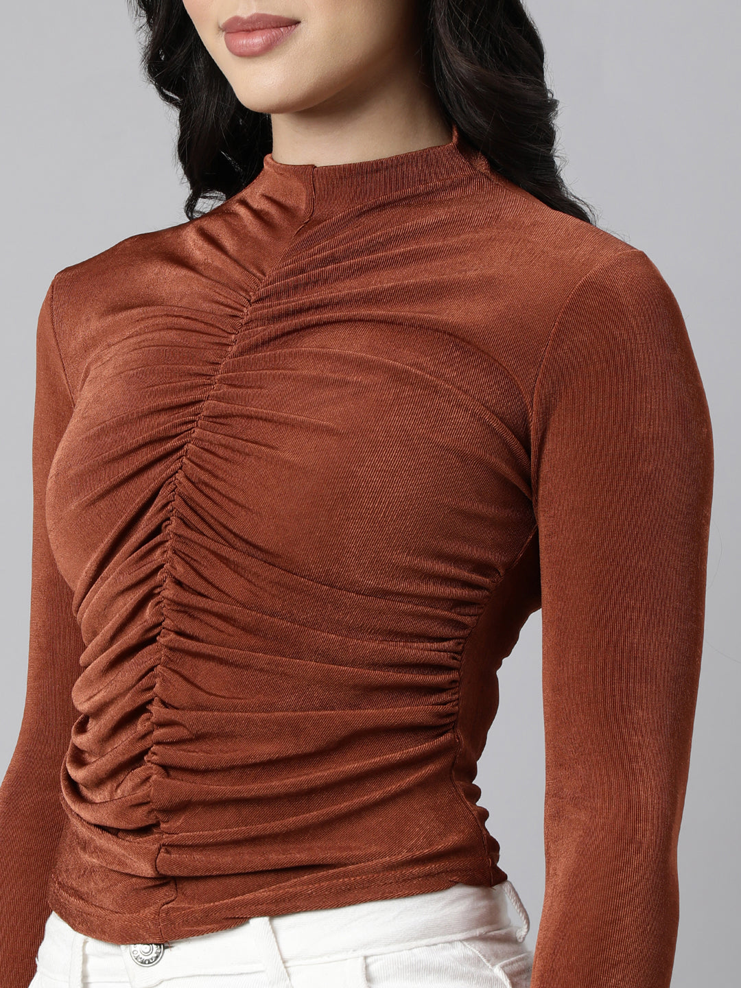 Women's Rust Ruched High Neck Fitted Top