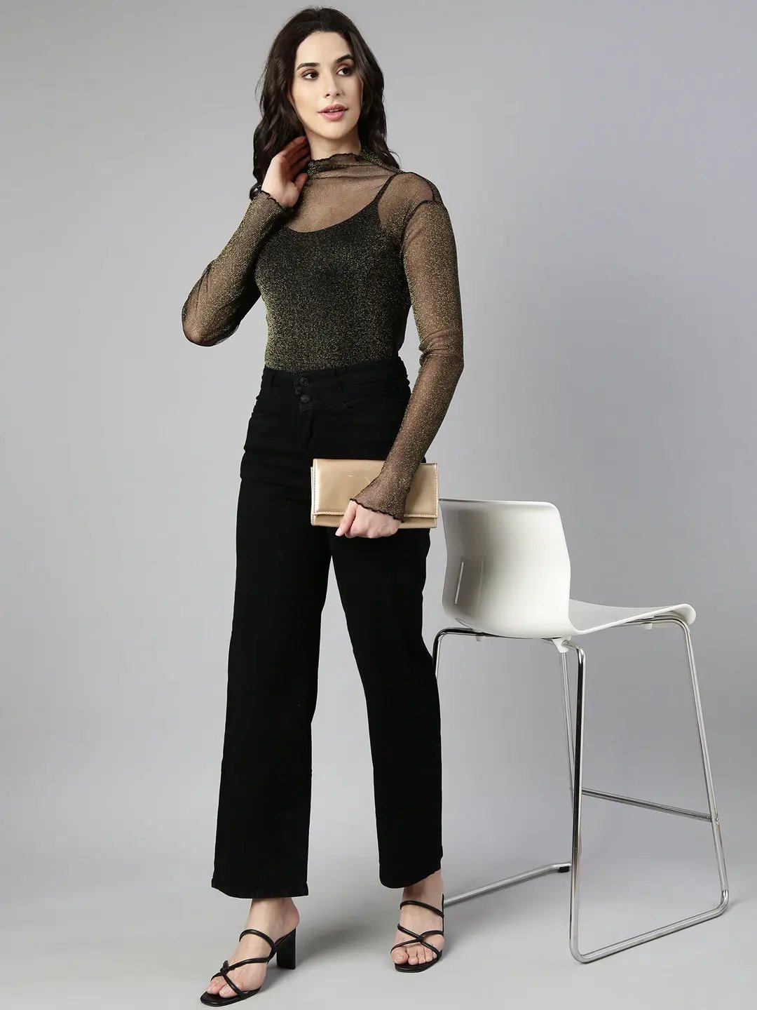 Women's Shimmer Black Sheer Top