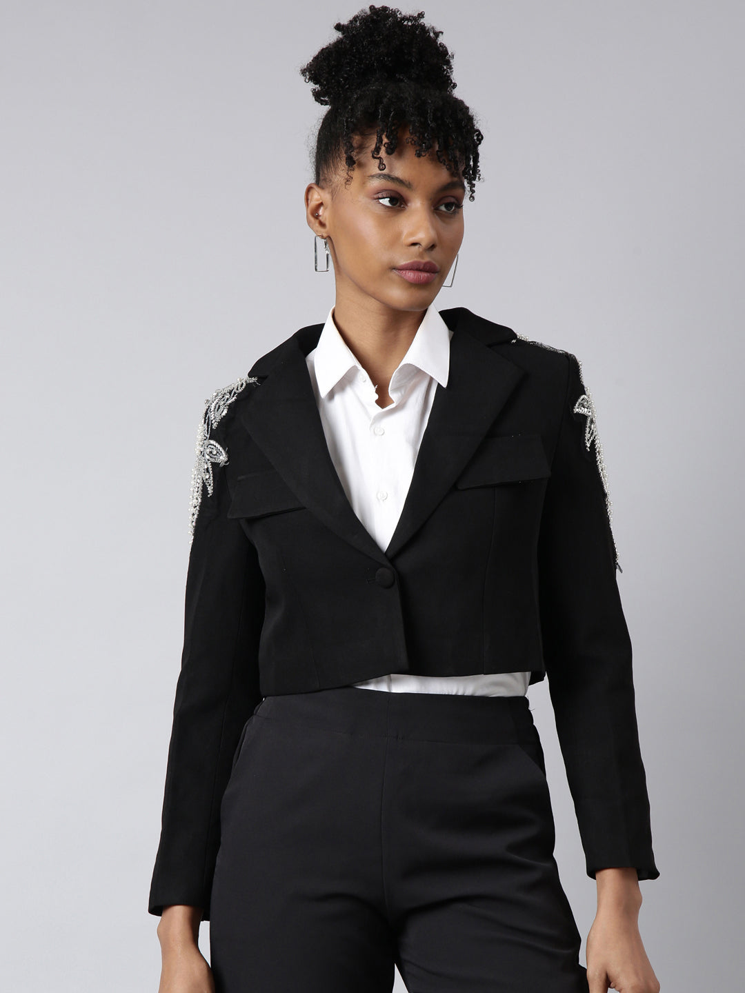 Women's Black Solid Single Breasted Crop Blazer