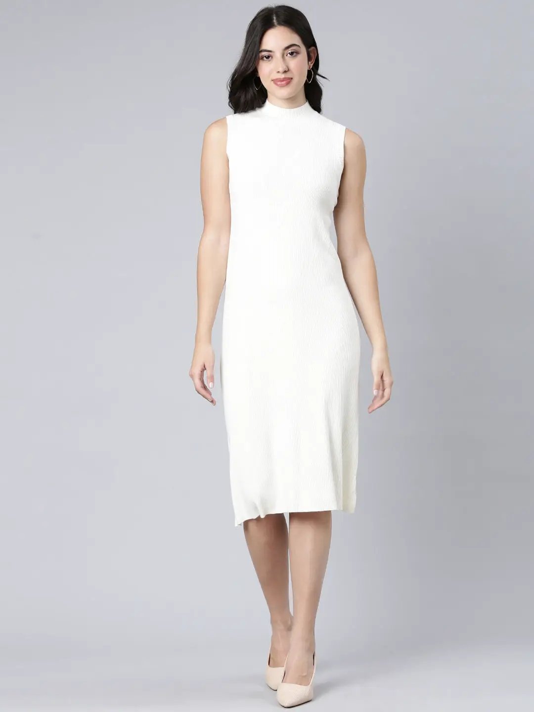 Women's Solid Cream A-Line Dress