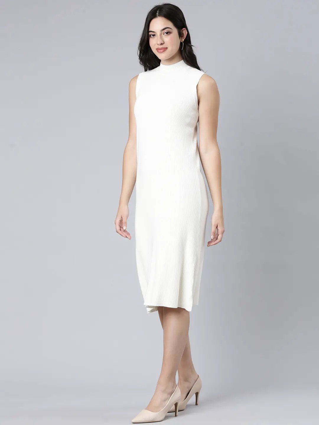Women's Solid Cream A-Line Dress