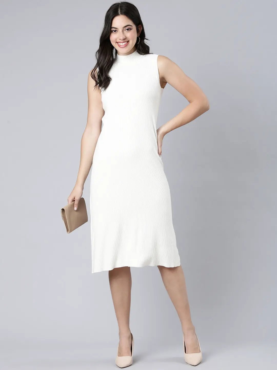 Women's Solid Cream A-Line Dress
