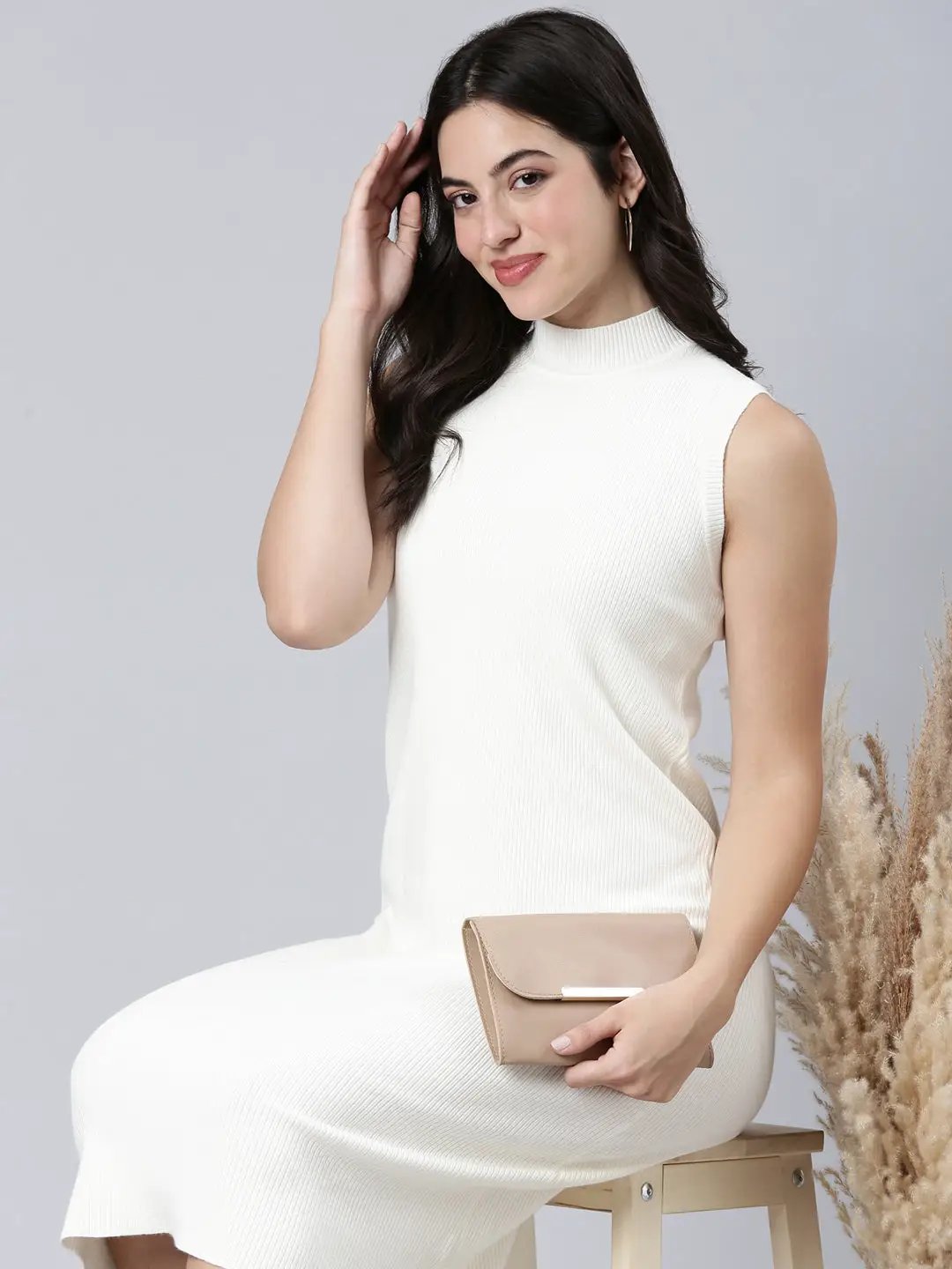 Women's Solid Cream A-Line Dress