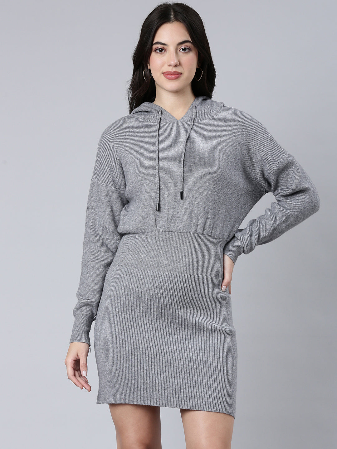 Women's Solid Grey A-Line Drop Shoulder Dress