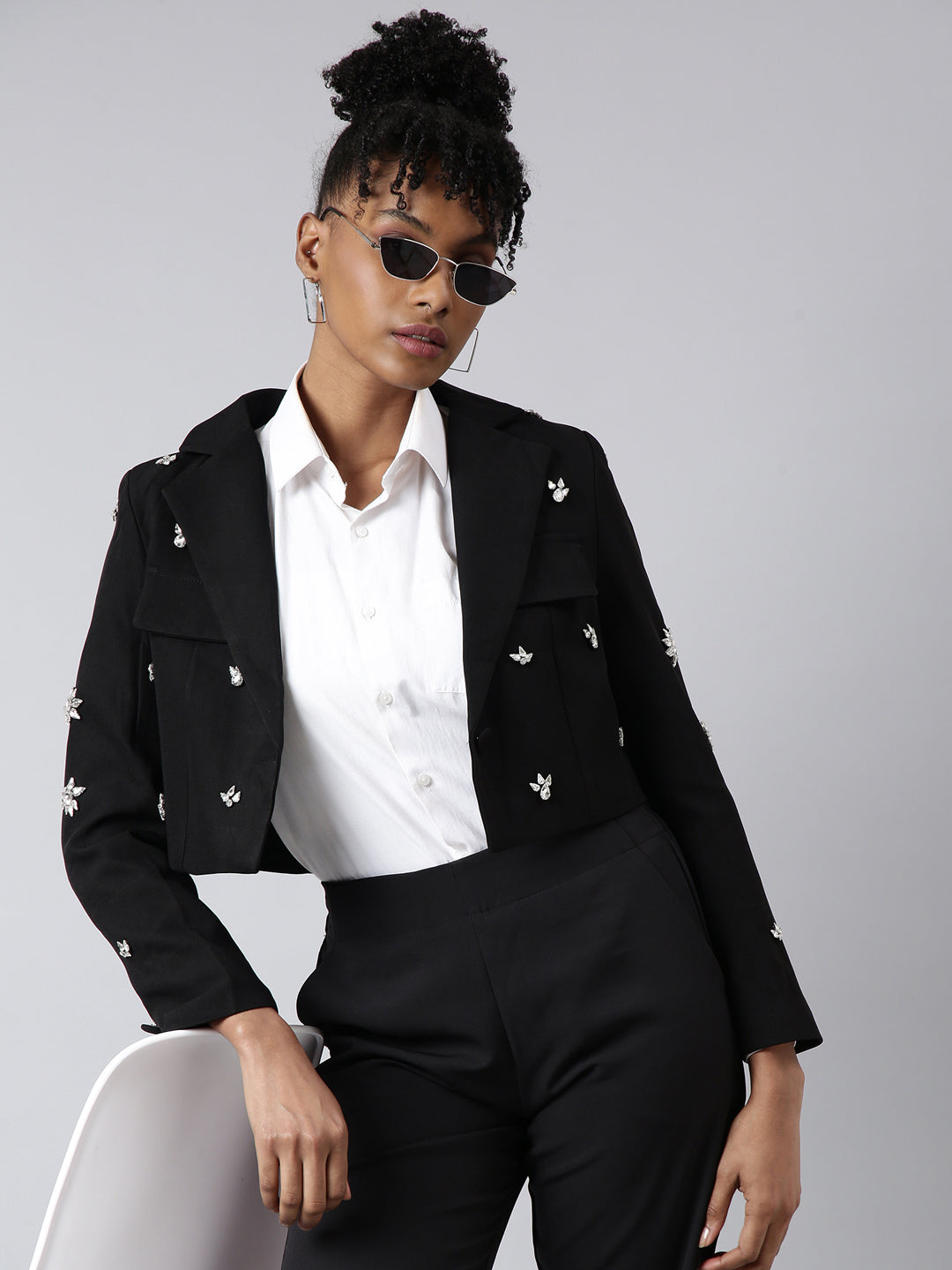 Women's Black Embellished Single-Breasted Cotton Crop Blazer