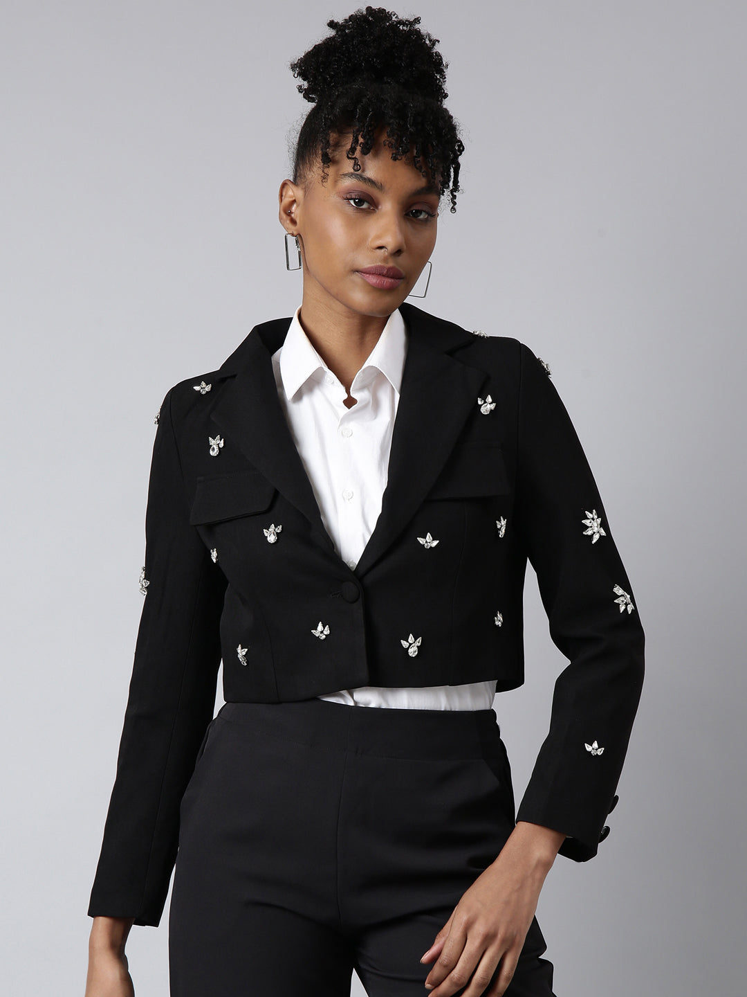 Women's Black Embellished Single-Breasted Cotton Crop Blazer