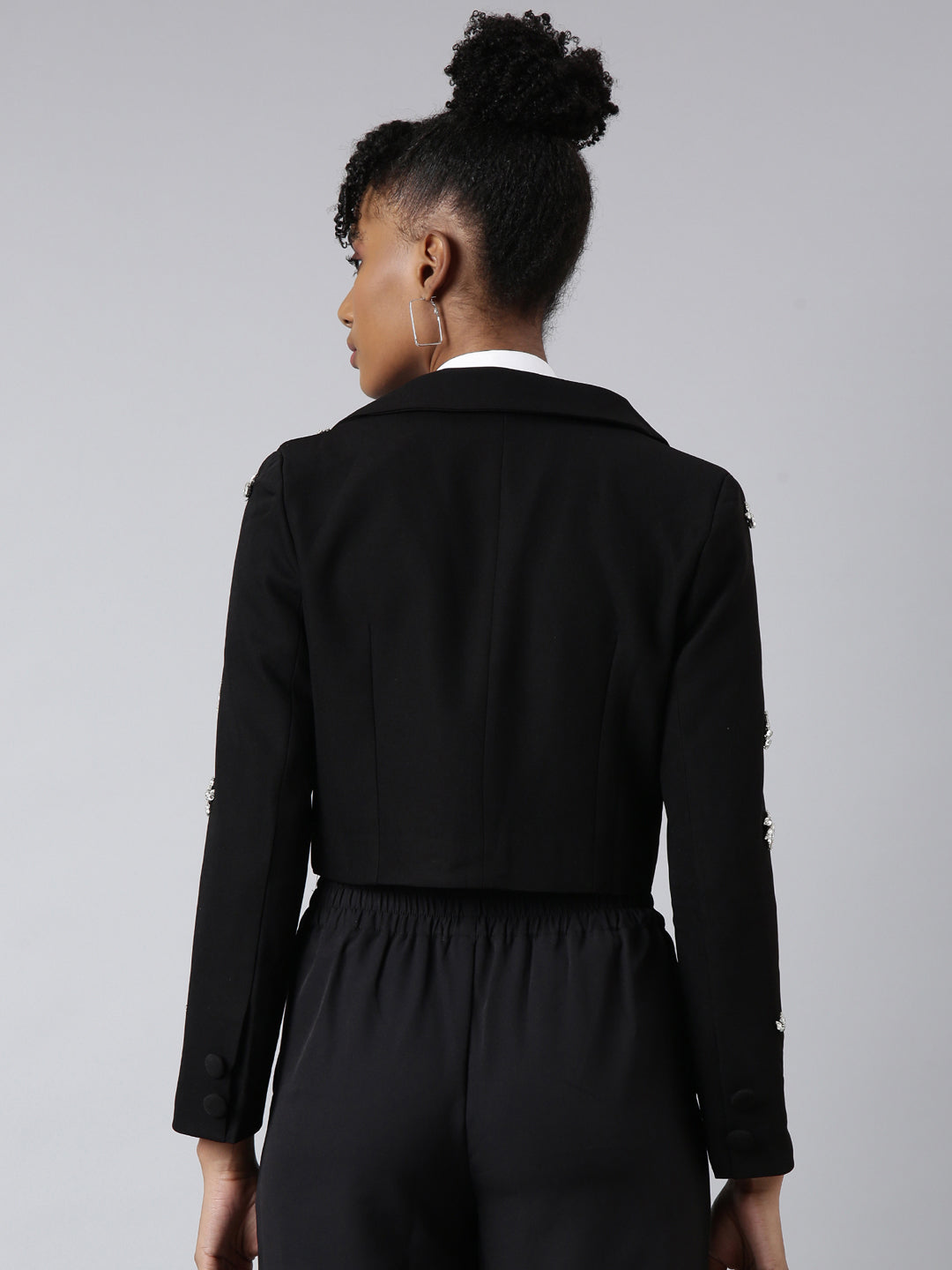 Women's Black Embellished Single-Breasted Cotton Crop Blazer