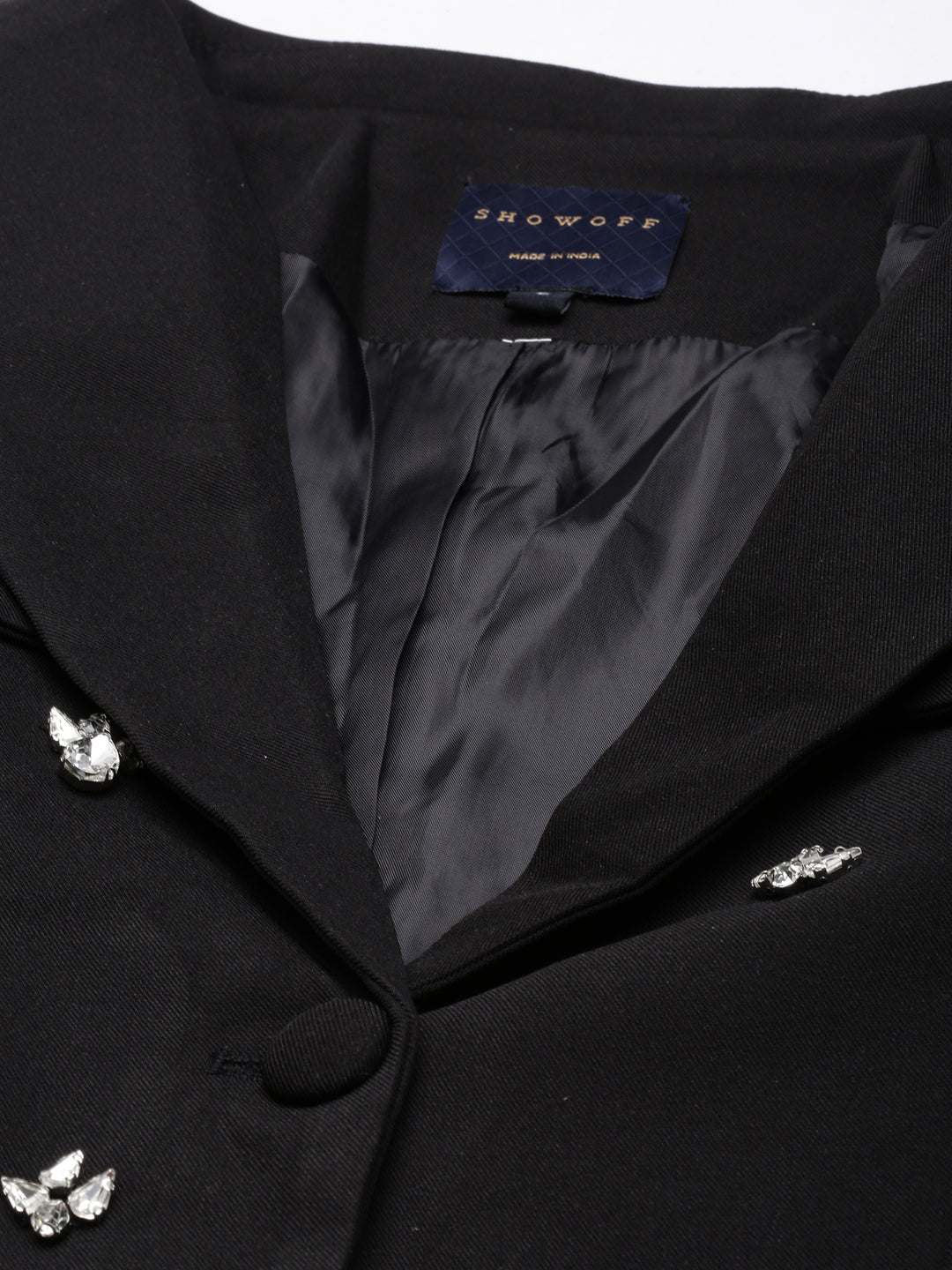 Women's Black Embellished Single-Breasted Cotton Crop Blazer