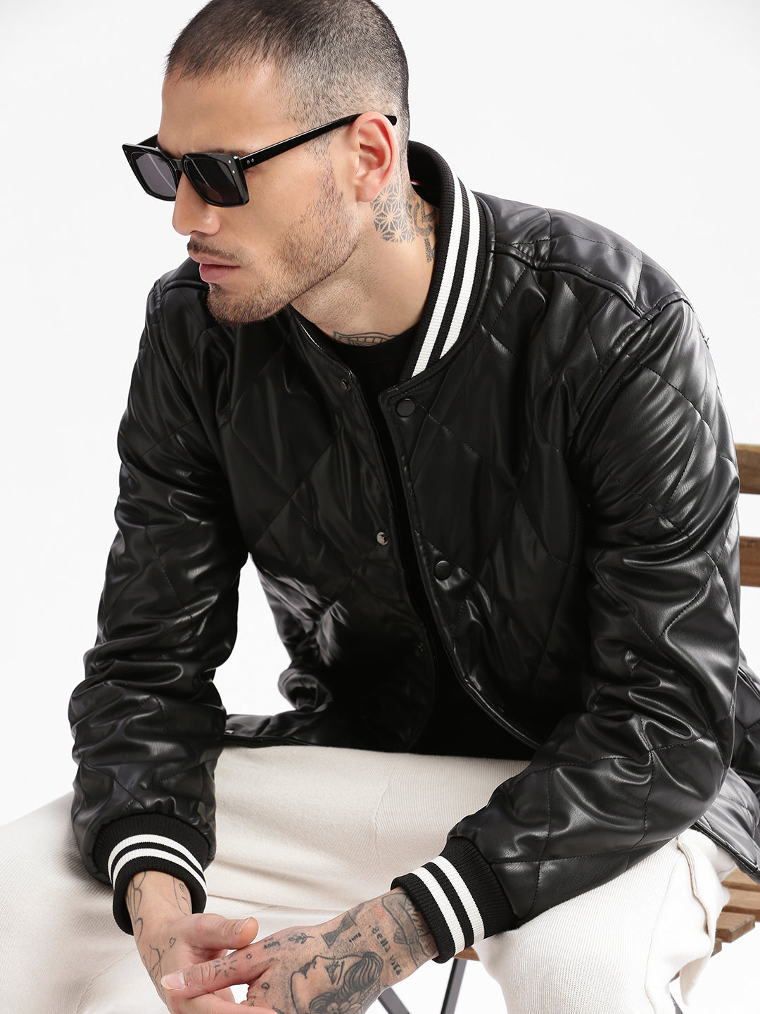 Men Mandarin Collar Black Solid Leather Jacket