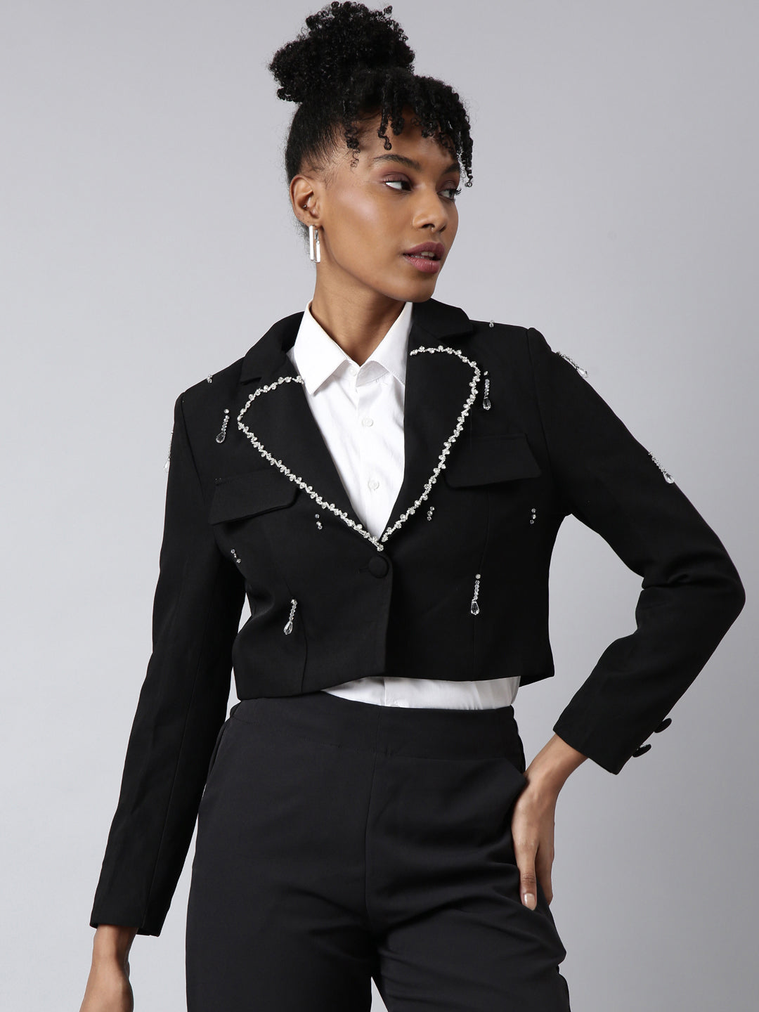 Women Black Solid Single Breasted Crop Blazer