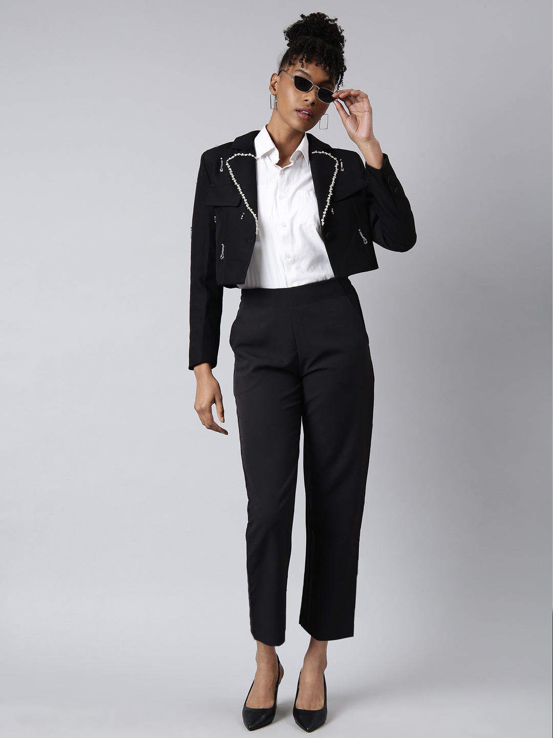 Women Black Solid Single Breasted Crop Blazer