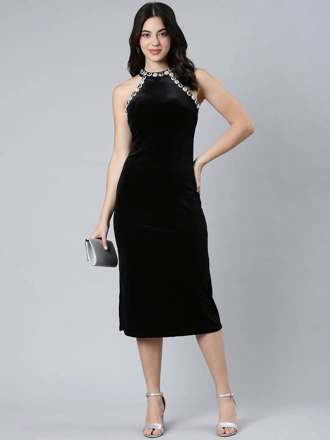 Women's Solid Black Bodycon Dress