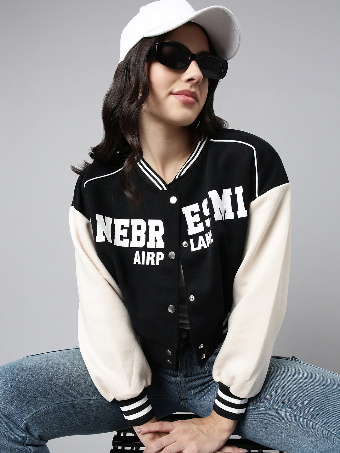 Women's Typography Black Crop Oversized Drop Shoulder Varsity Jacket