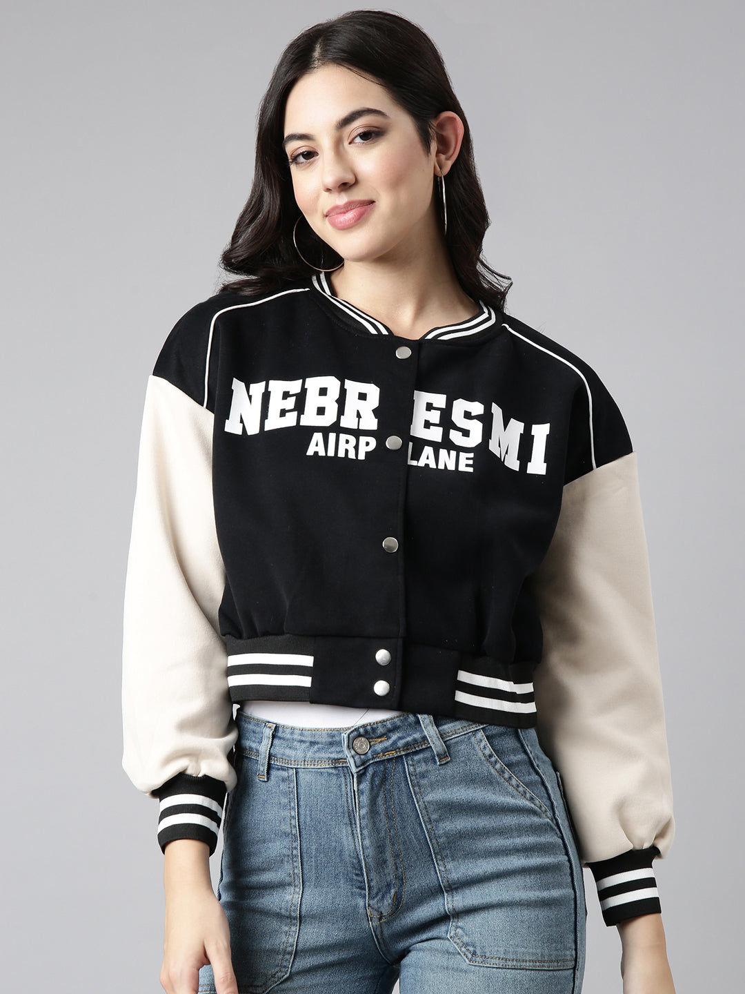Women's Typography Black Crop Oversized Drop Shoulder Varsity Jacket